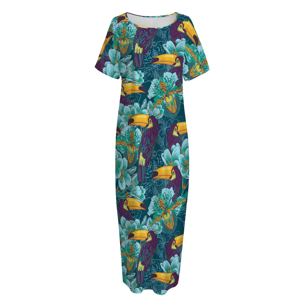 Vintage Toucan Pattern Print Short Sleeve Long Nightdress