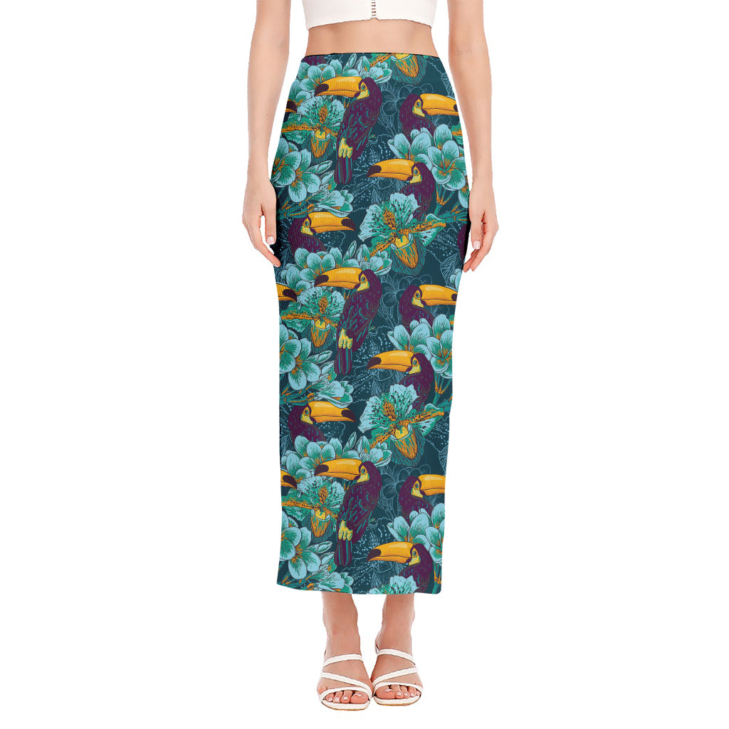 Vintage Toucan Pattern Print Side Slit Maxi Skirt