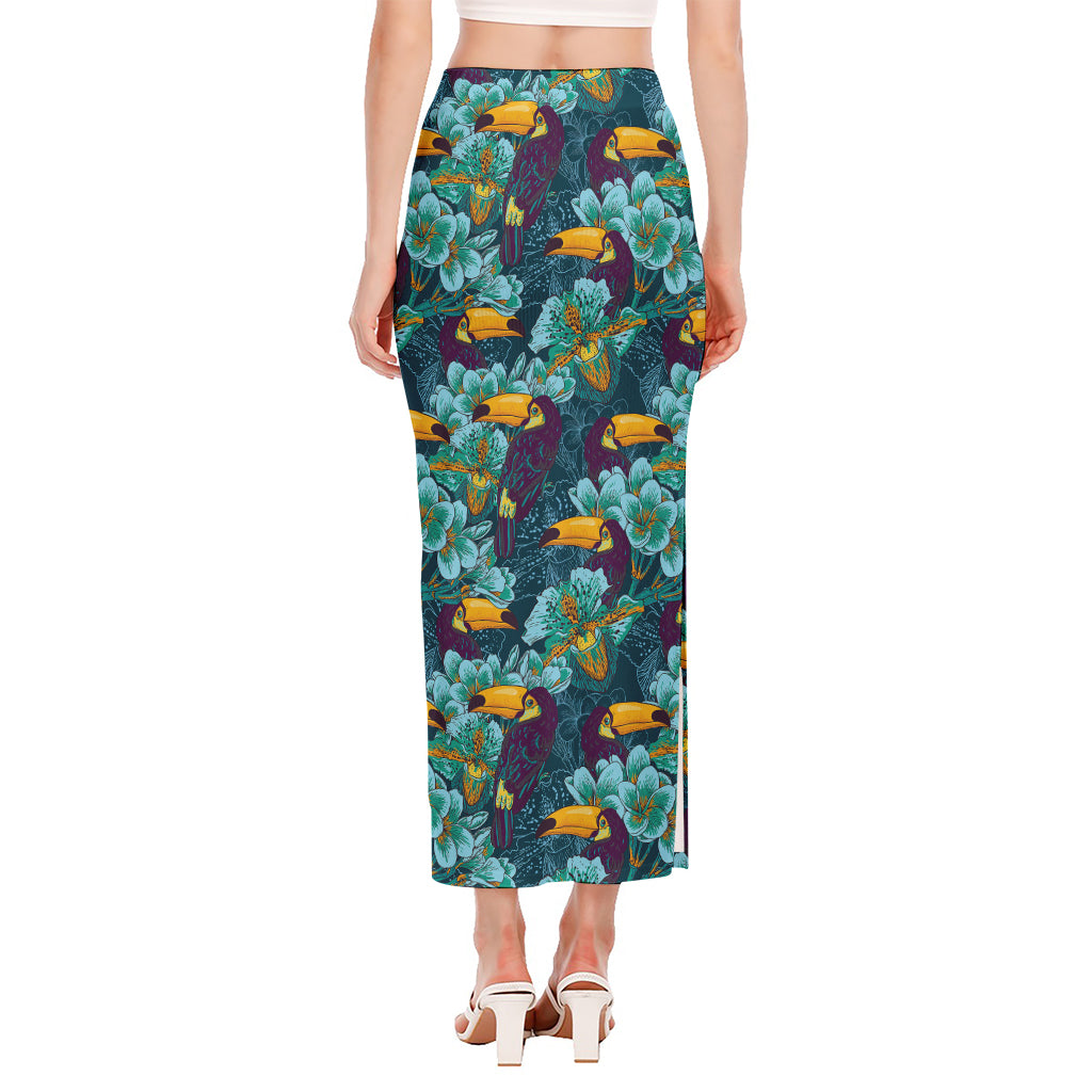 Vintage Toucan Pattern Print Side Slit Maxi Skirt