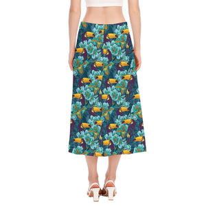 Vintage Toucan Pattern Print Side Slit Midi Skirt