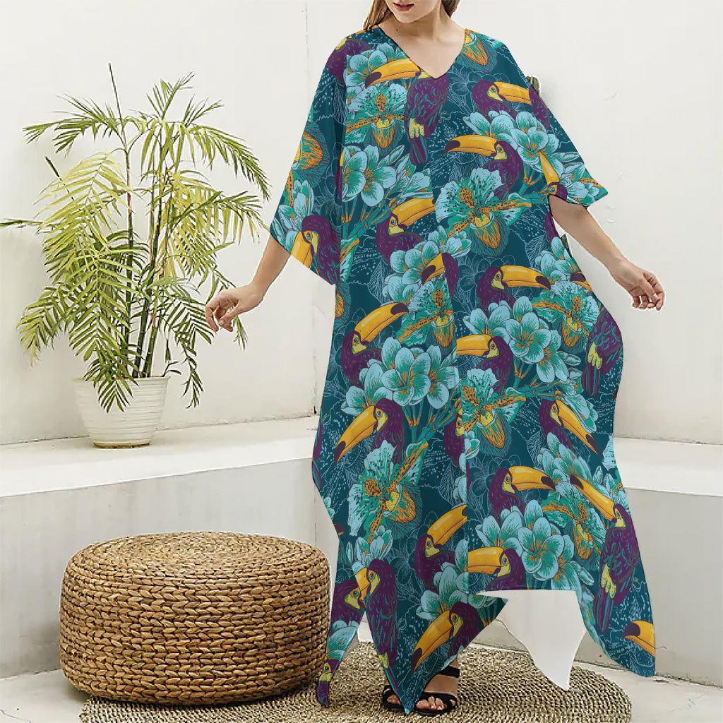 Vintage Toucan Pattern Print Silk V-Neck Kaftan Dress