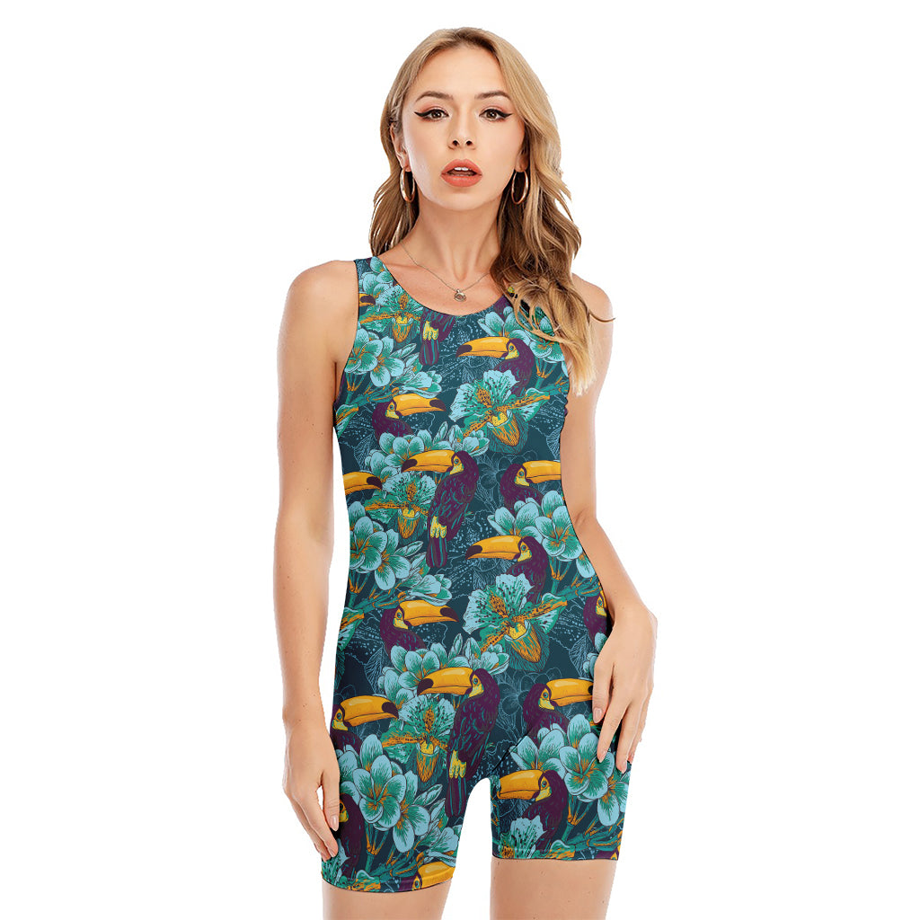 Vintage Toucan Pattern Print Sleeveless One Piece Swimsuit