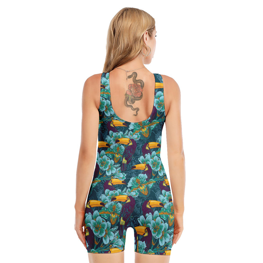 Vintage Toucan Pattern Print Sleeveless One Piece Swimsuit