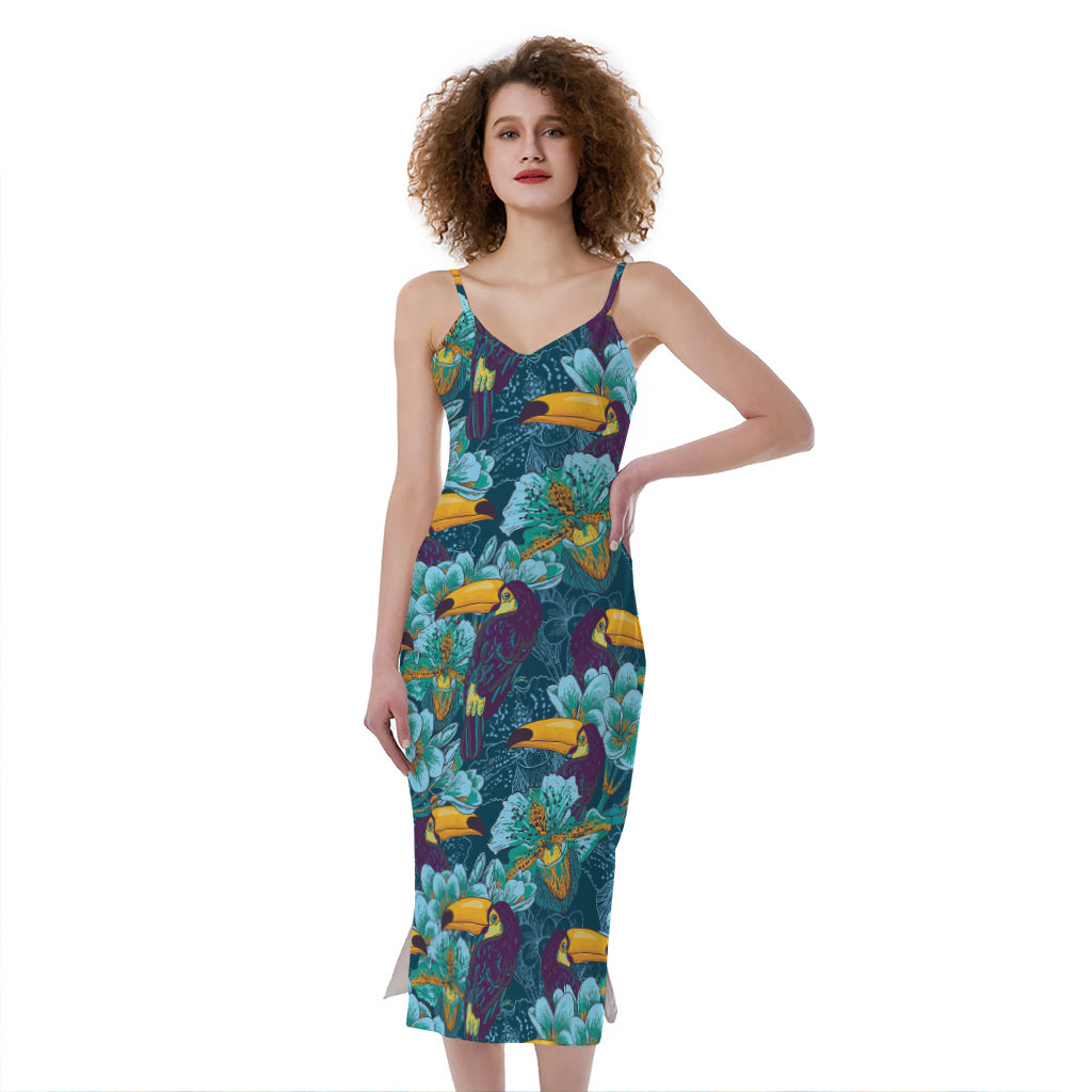 Vintage Toucan Pattern Print Slim Fit Midi Cami Dress