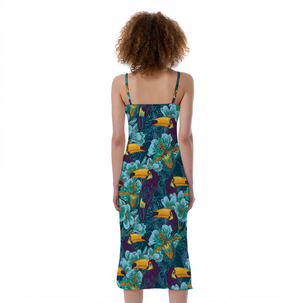 Vintage Toucan Pattern Print Slim Fit Midi Cami Dress