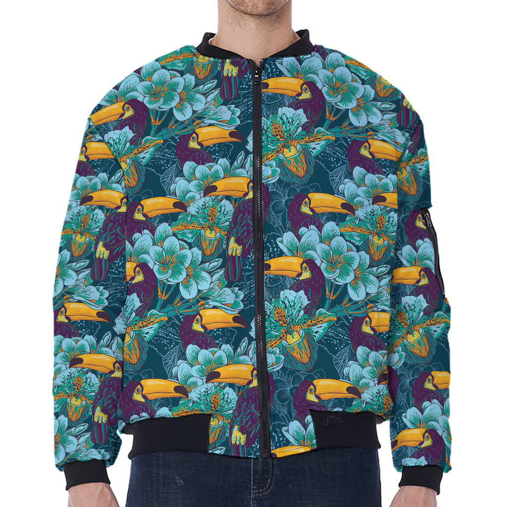 Vintage Toucan Pattern Print Zip Sleeve Bomber Jacket