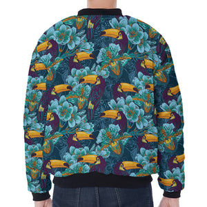 Vintage Toucan Pattern Print Zip Sleeve Bomber Jacket