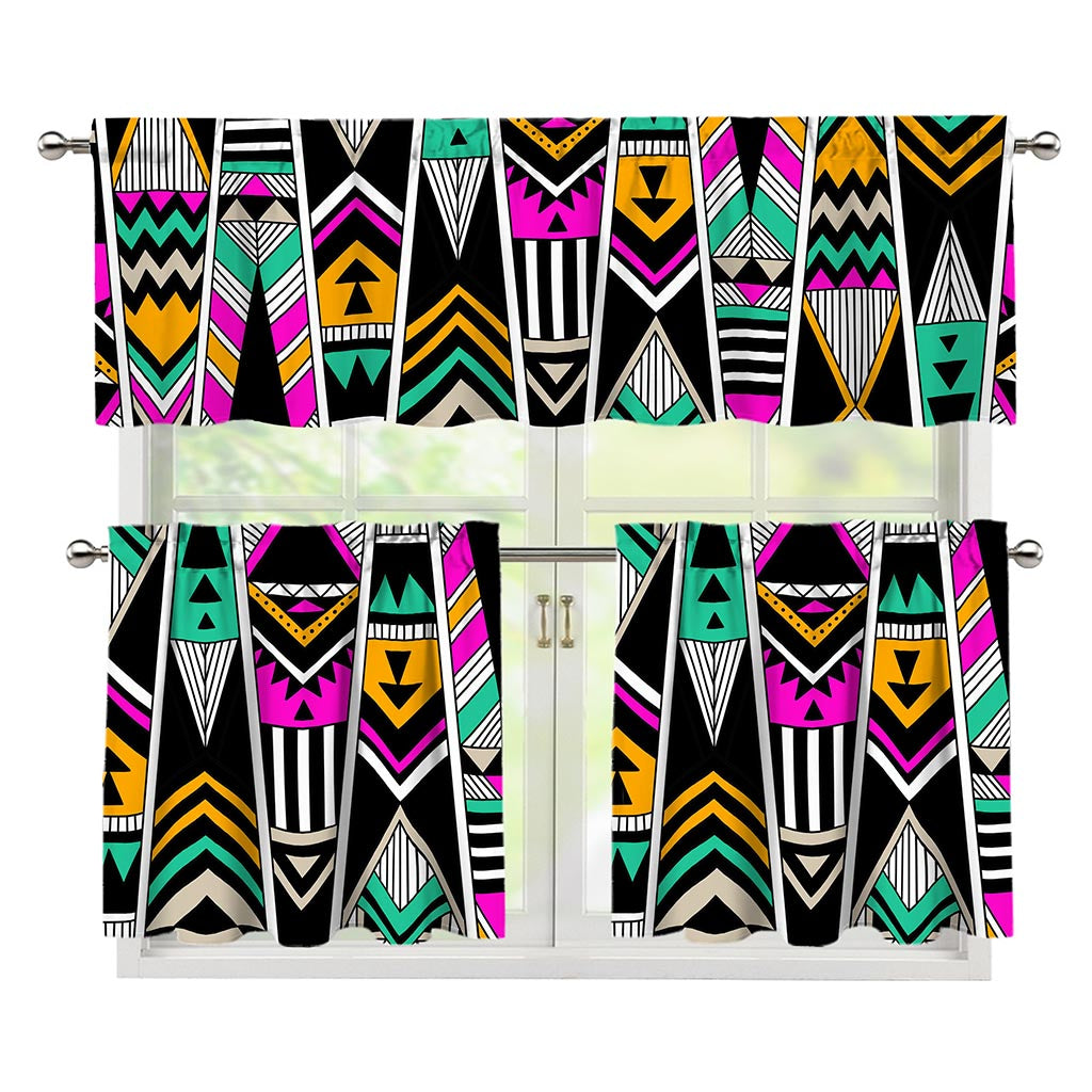Vintage Tribal Aztec Pattern Print 3 Piece Kitchen Curtains
