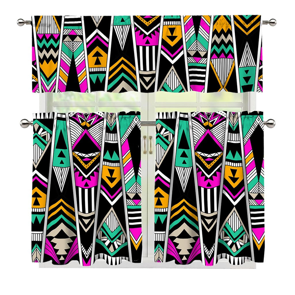 Vintage Tribal Aztec Pattern Print 3 Piece Kitchen Curtains