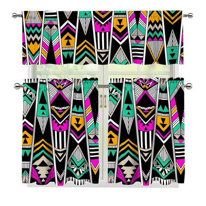 Vintage Tribal Aztec Pattern Print 3 Piece Kitchen Curtains