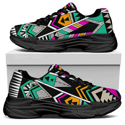 Vintage Tribal Aztec Pattern Print Black Chunky Shoes