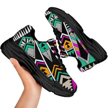 Vintage Tribal Aztec Pattern Print Black Chunky Shoes