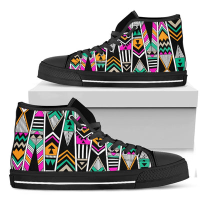 Vintage Tribal Aztec Pattern Print Black High Top Sneakers