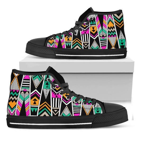 Vintage Tribal Aztec Pattern Print Black High Top Sneakers