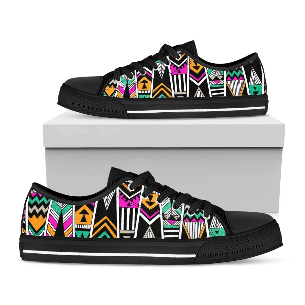 Vintage Tribal Aztec Pattern Print Black Low Top Sneakers