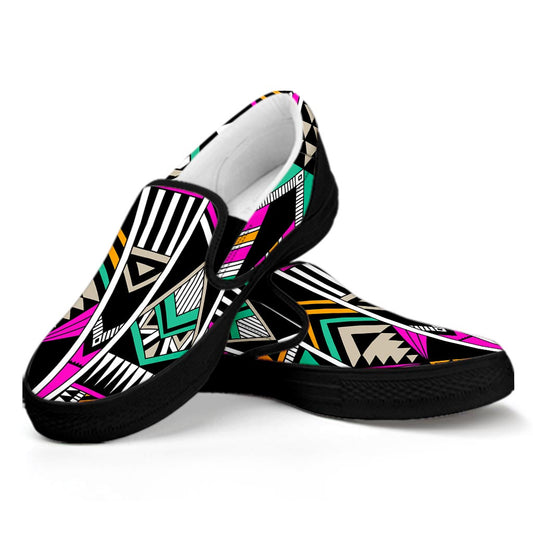 Vintage Tribal Aztec Pattern Print Black Slip On Sneakers