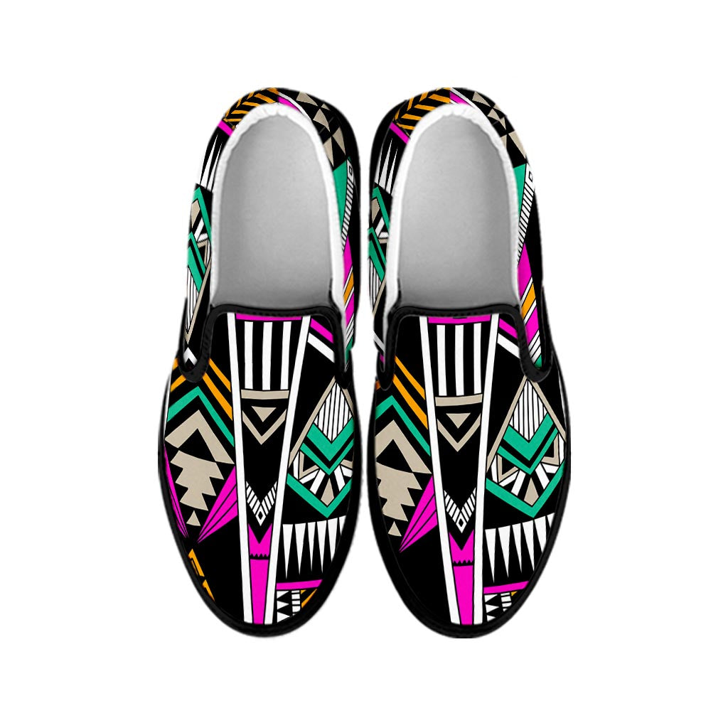 Vintage Tribal Aztec Pattern Print Black Slip On Sneakers