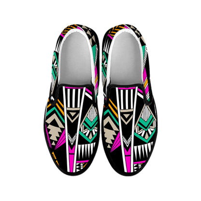 Vintage Tribal Aztec Pattern Print Black Slip On Sneakers