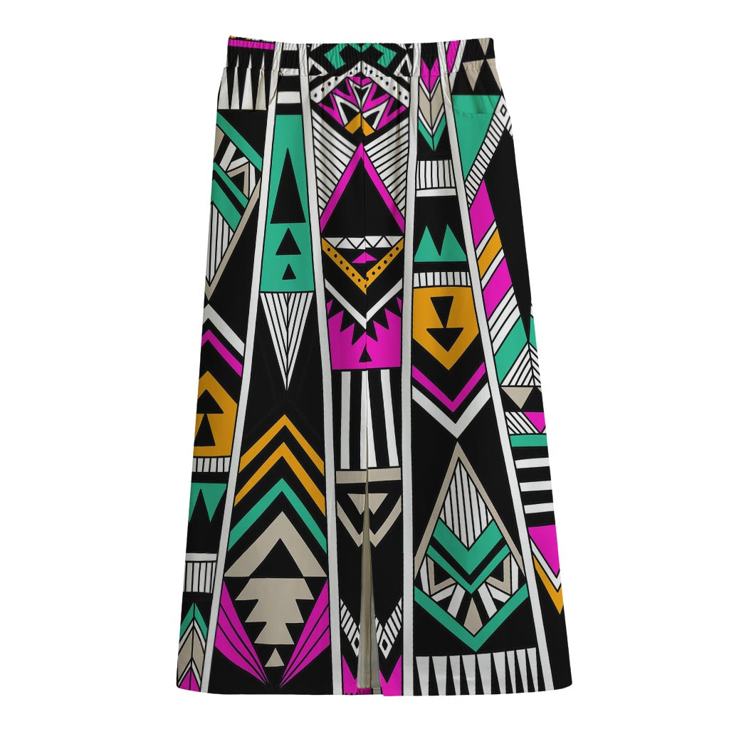 Vintage Tribal Aztec Pattern Print Cotton Front Slit Maxi Skirt