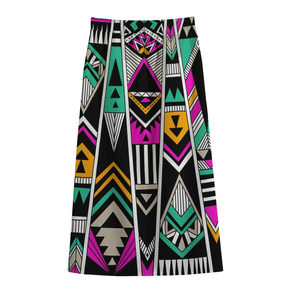 Vintage Tribal Aztec Pattern Print Cotton Front Slit Maxi Skirt