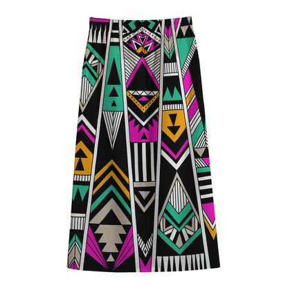 Vintage Tribal Aztec Pattern Print Cotton Front Slit Maxi Skirt