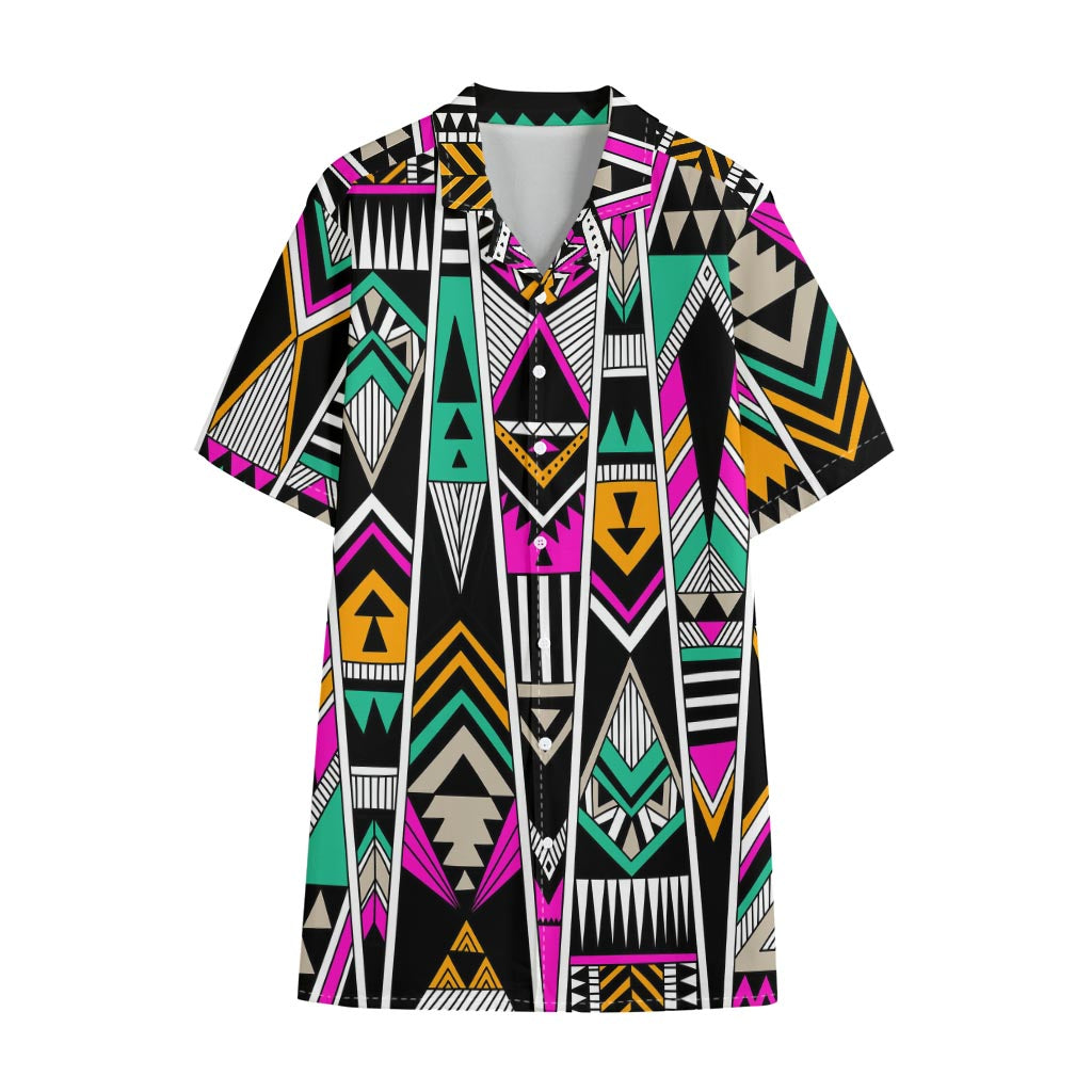 Vintage Tribal Aztec Pattern Print Cotton Hawaiian Shirt