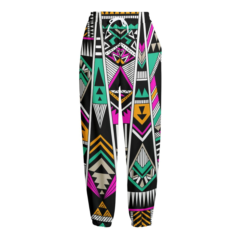 Vintage Tribal Aztec Pattern Print Fleece Lined Knit Pants