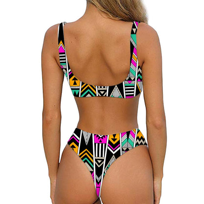 Vintage Tribal Aztec Pattern Print Front Bow Tie Bikini