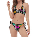 Vintage Tribal Aztec Pattern Print Halter Scoop Tie Side Bikini