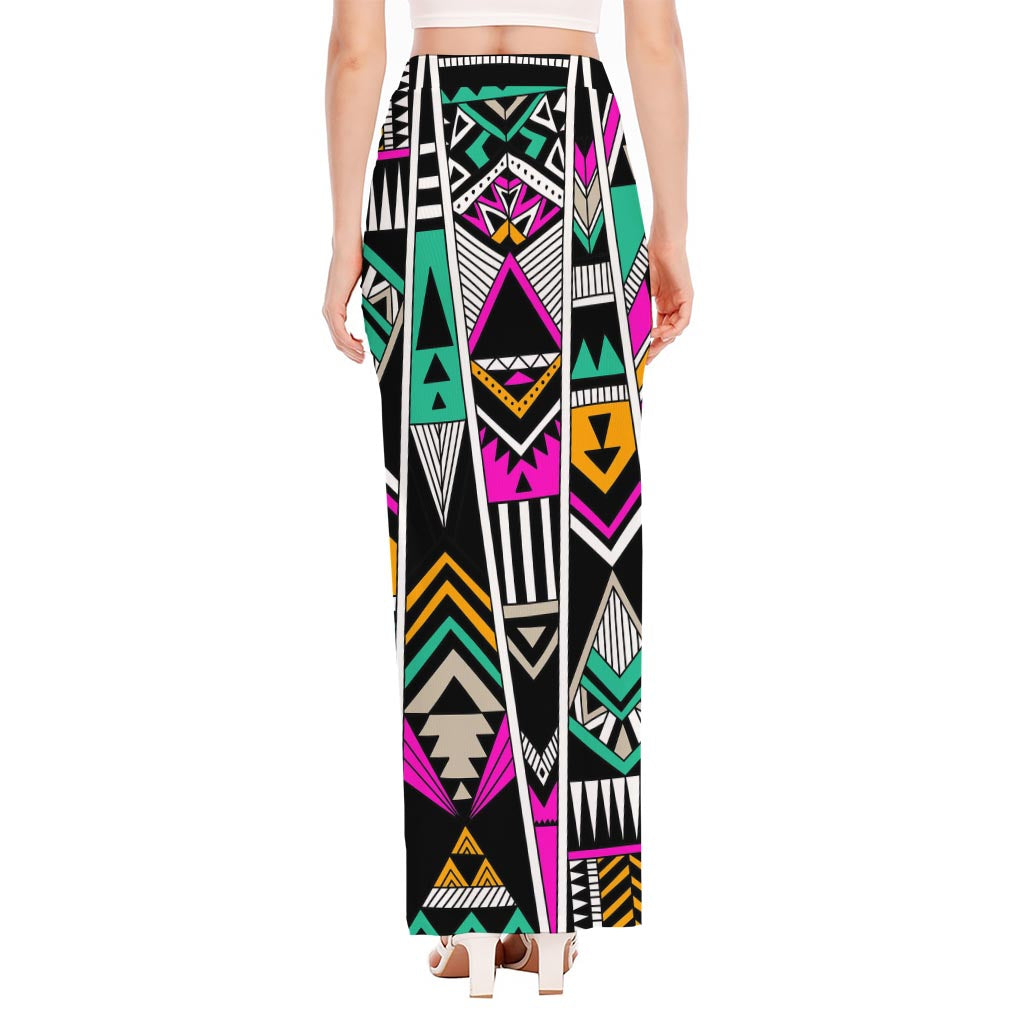 Vintage Tribal Aztec Pattern Print High Slit Maxi Skirt