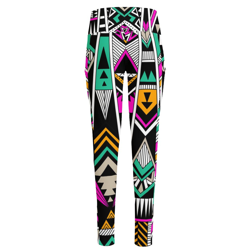 Vintage Tribal Aztec Pattern Print High-Waisted Pocket Leggings