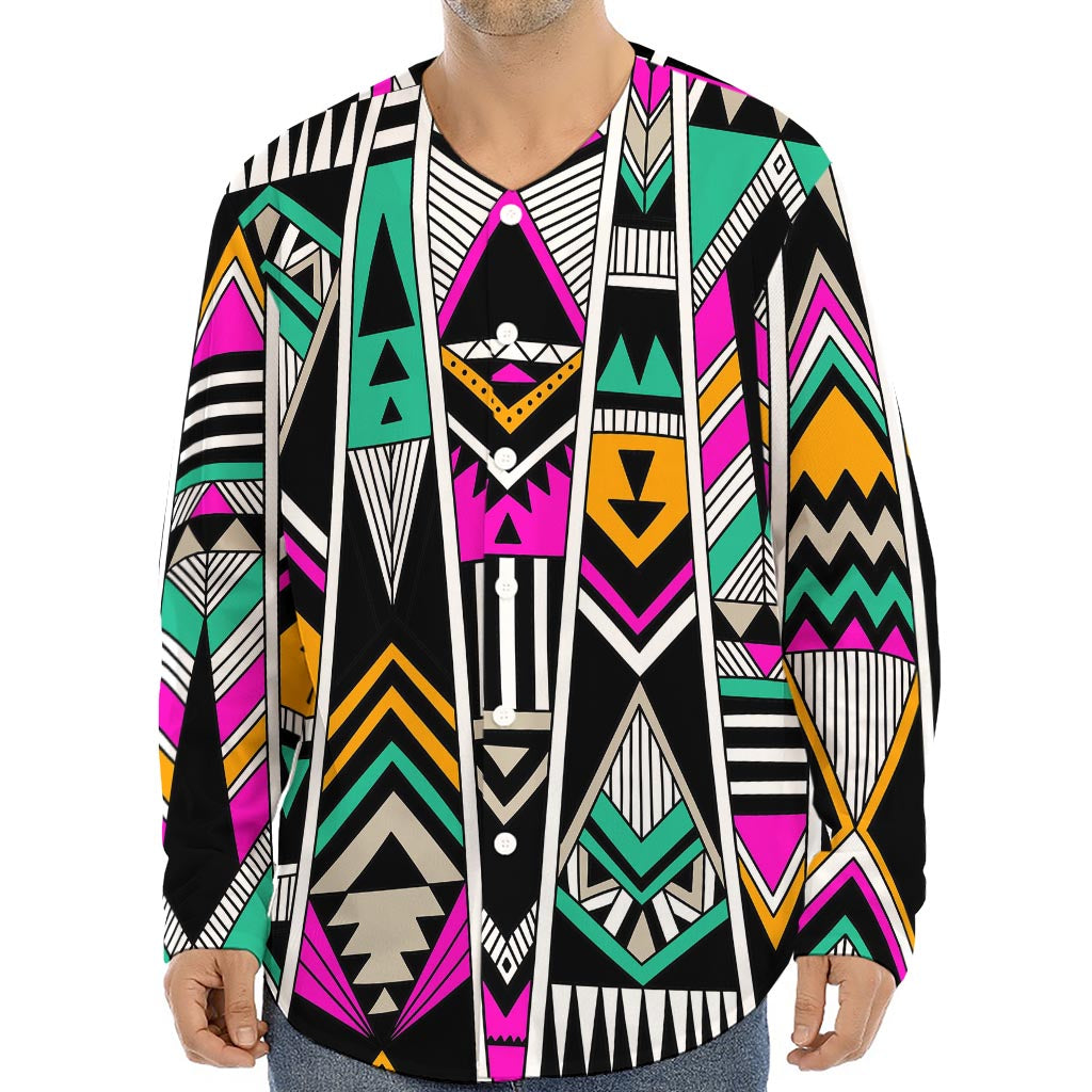 Vintage Tribal Aztec Pattern Print Long Sleeve Baseball Jersey