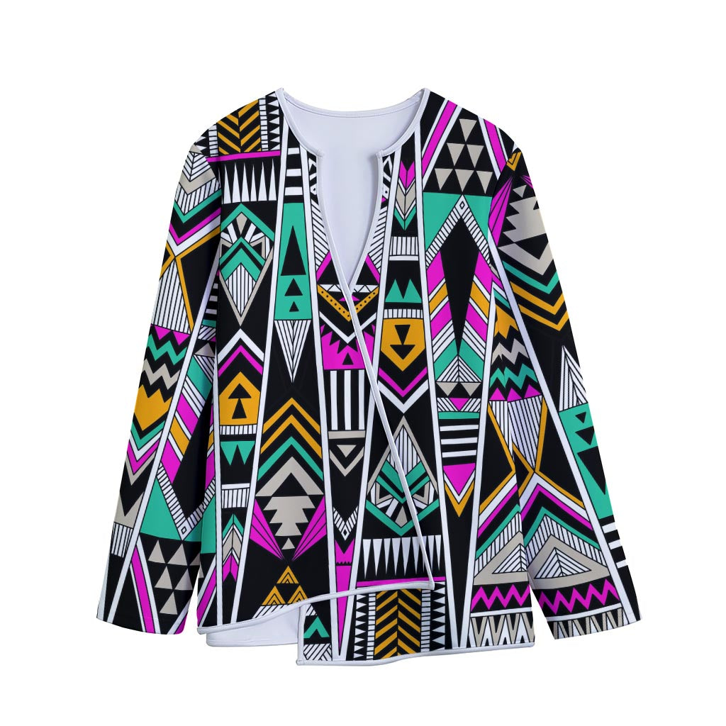 Vintage Tribal Aztec Pattern Print Long Sleeve Short Coat