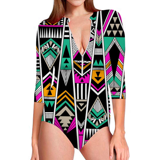 Vintage Tribal Aztec Pattern Print Long Sleeve Swimsuit