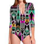 Vintage Tribal Aztec Pattern Print Long Sleeve Swimsuit