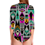 Vintage Tribal Aztec Pattern Print Long Sleeve Swimsuit