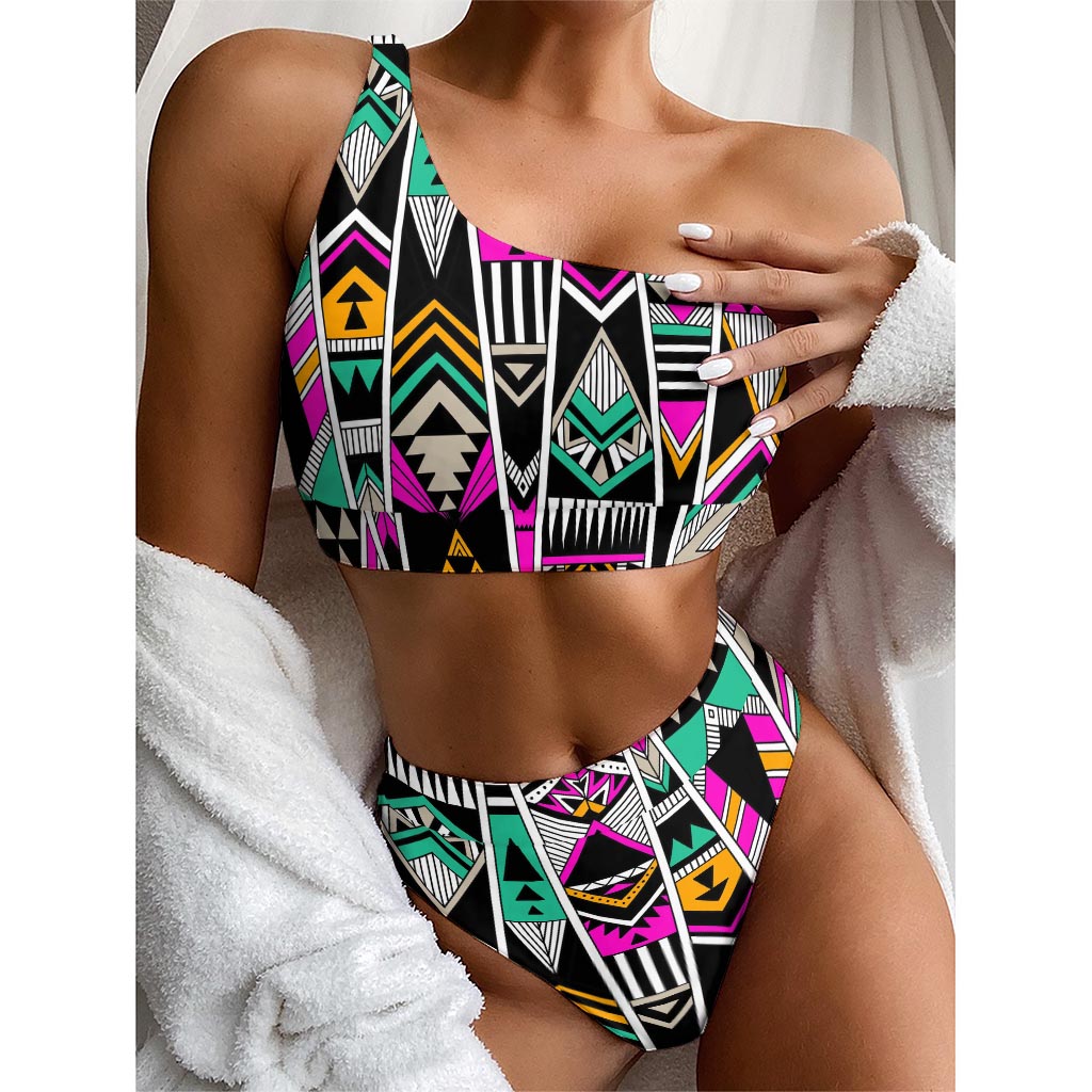 Vintage Tribal Aztec Pattern Print One Shoulder Bikini Top