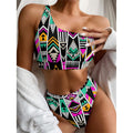 Vintage Tribal Aztec Pattern Print One Shoulder Bikini Set