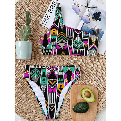 Vintage Tribal Aztec Pattern Print One Shoulder Bikini Top