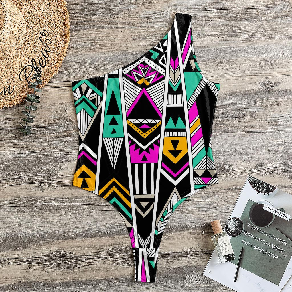 Vintage Tribal Aztec Pattern Print One Shoulder Bodysuit
