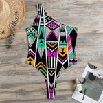 Vintage Tribal Aztec Pattern Print One Shoulder Bodysuit