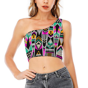 Vintage Tribal Aztec Pattern Print One Shoulder Crop Top