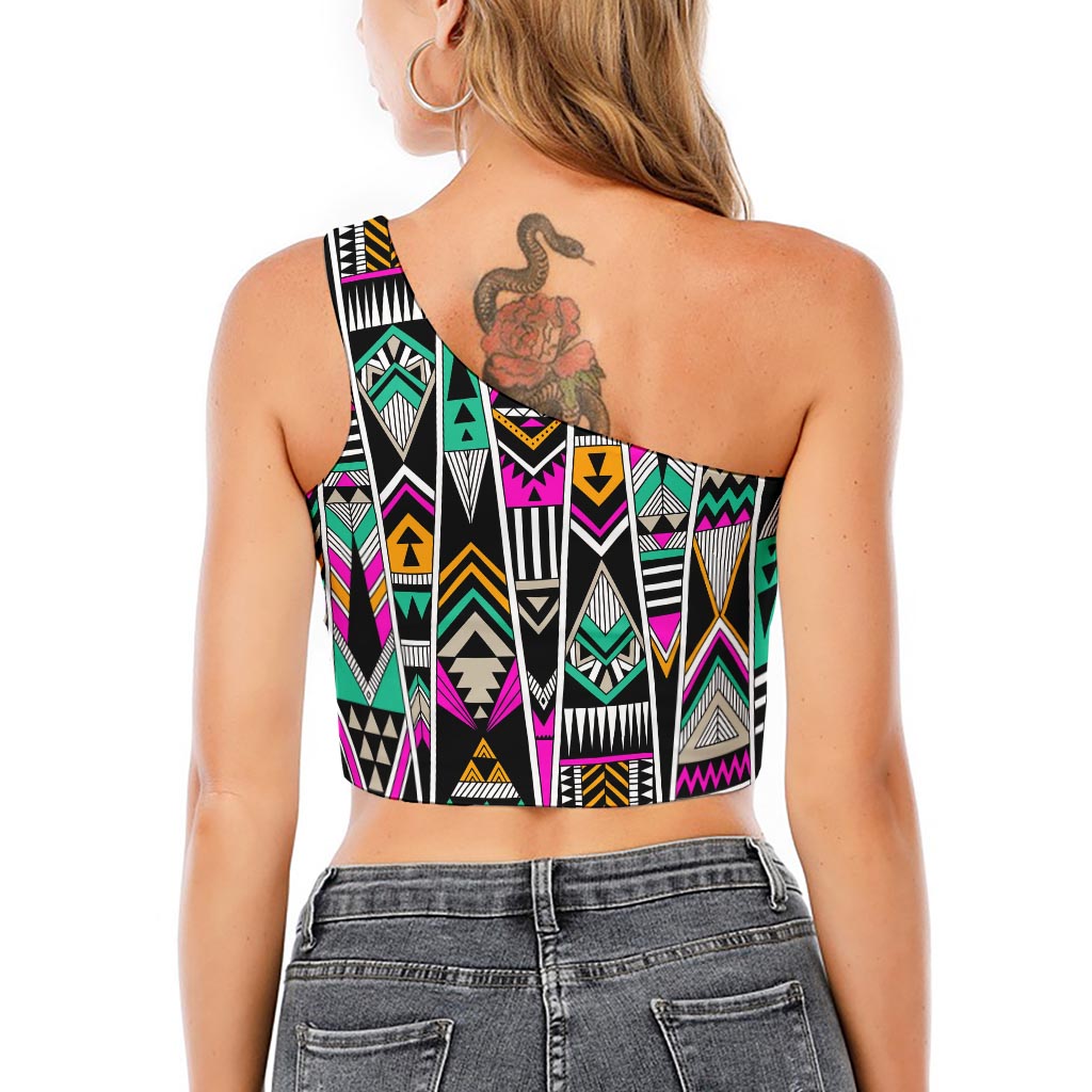 Vintage Tribal Aztec Pattern Print One Shoulder Crop Top