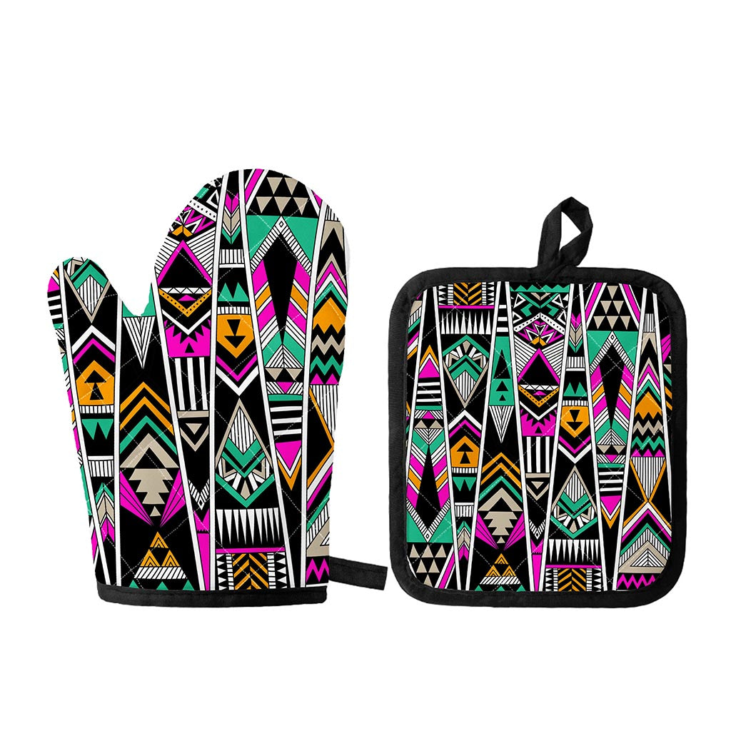 Vintage Tribal Aztec Pattern Print Oven Mitt And Pot Holder Set