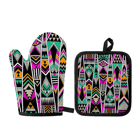 Vintage Tribal Aztec Pattern Print Oven Mitt And Pot Holder Set