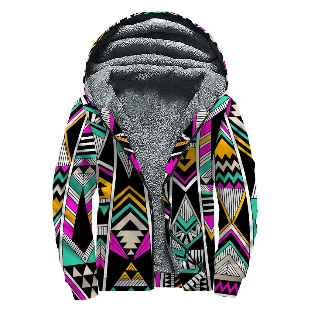 Vintage Tribal Aztec Pattern Print Sherpa Lined Zip Up Hoodie