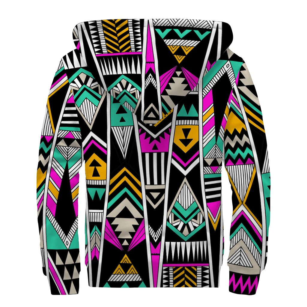 Vintage Tribal Aztec Pattern Print Sherpa Lined Zip Up Hoodie