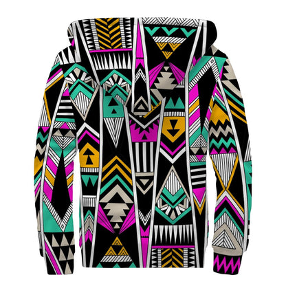 Vintage Tribal Aztec Pattern Print Sherpa Lined Zip Up Hoodie