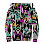 Vintage Tribal Aztec Pattern Print Sherpa Lined Zip Up Hoodie