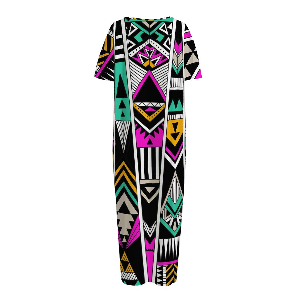 Vintage Tribal Aztec Pattern Print Short Sleeve Long Nightdress